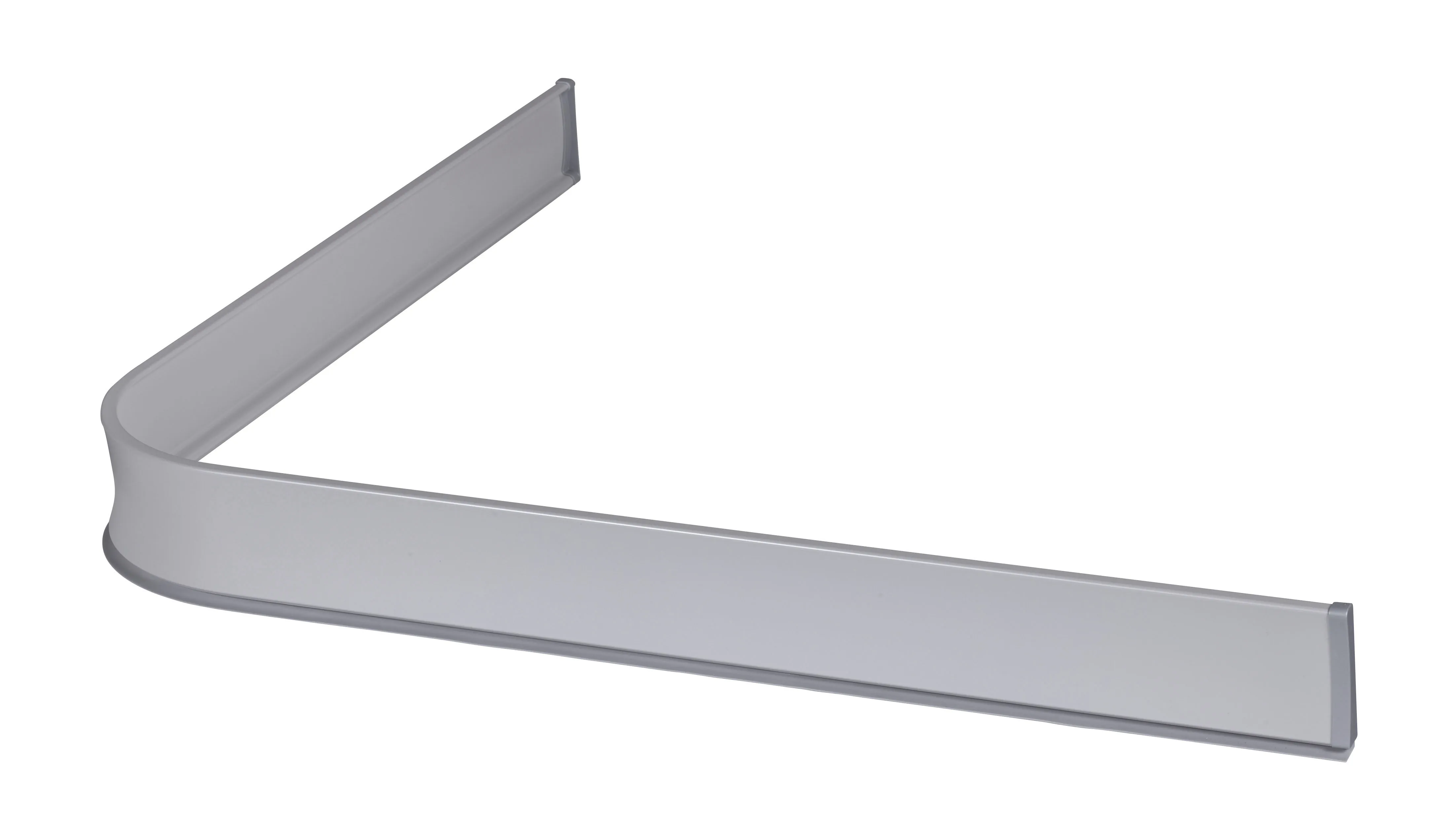Metallisk, L-formad duschsarg i silver med slät yta.