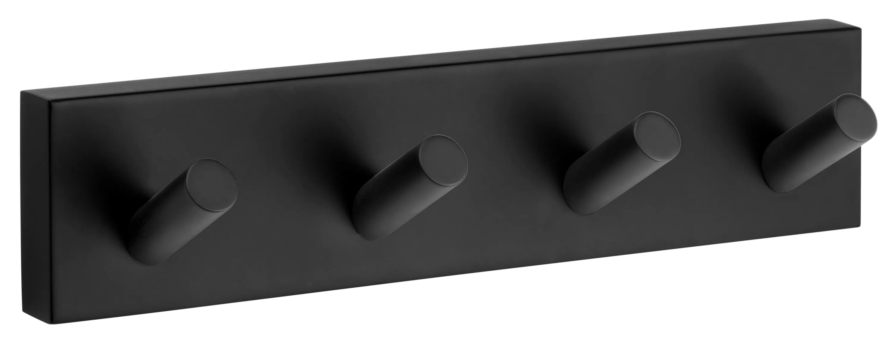 Svart kroklist med fyra utstickande, runda krokar.