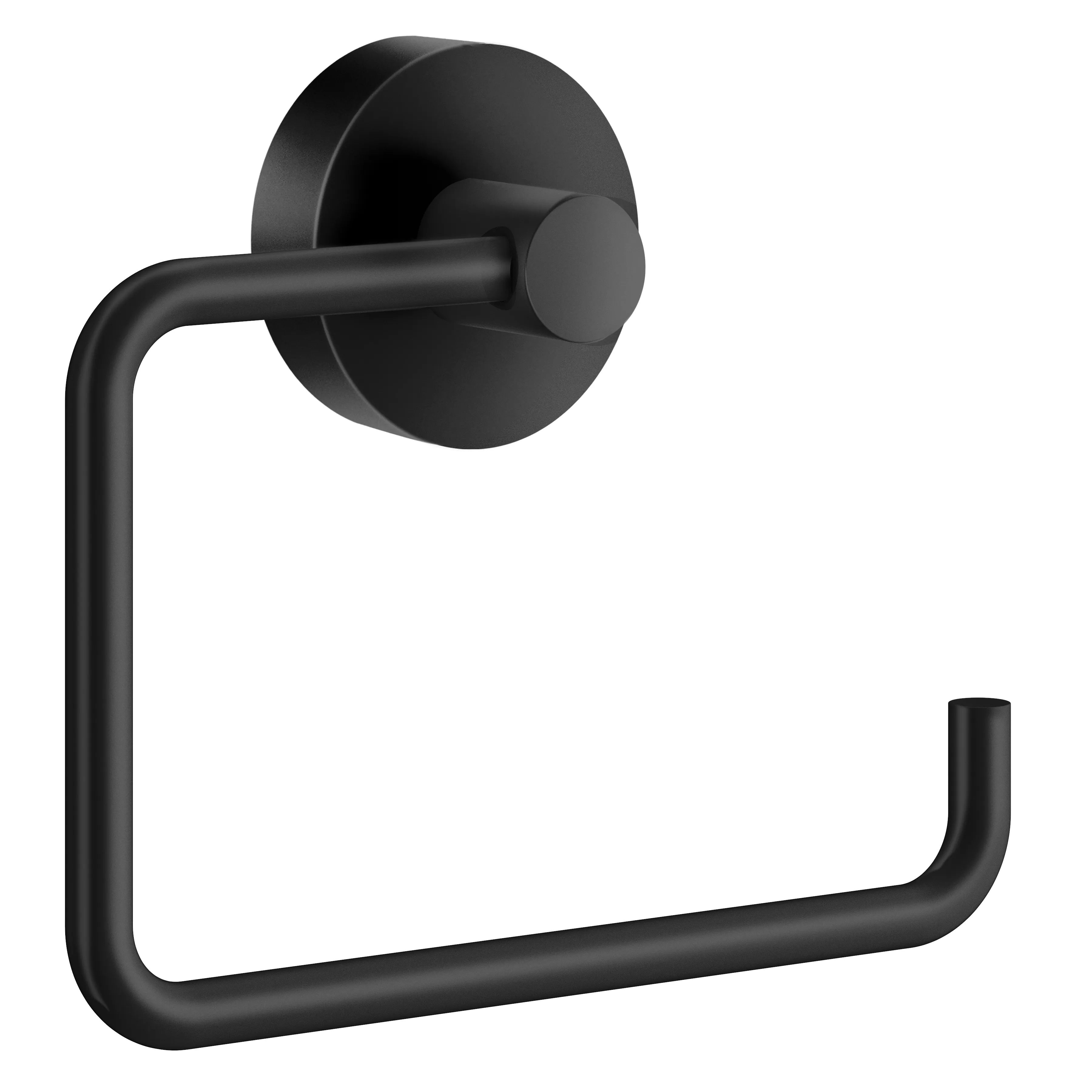Svart toalettpappershållare med rund väggfäste och horisontell arm.