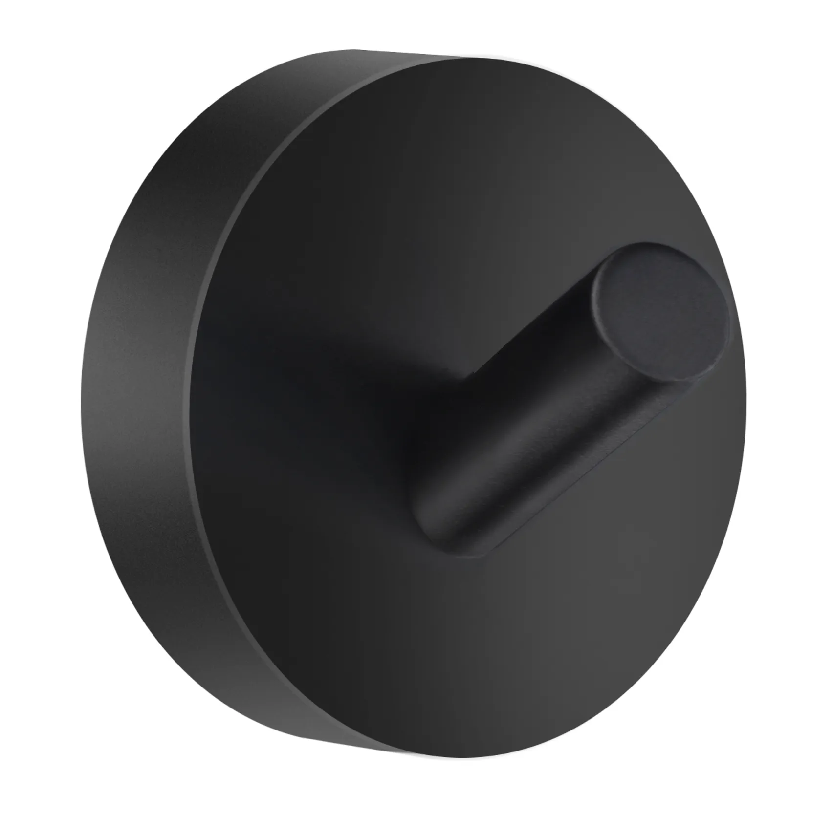 Svart rund väggkrok med cylindrisk knapp på en slät bakgrund.