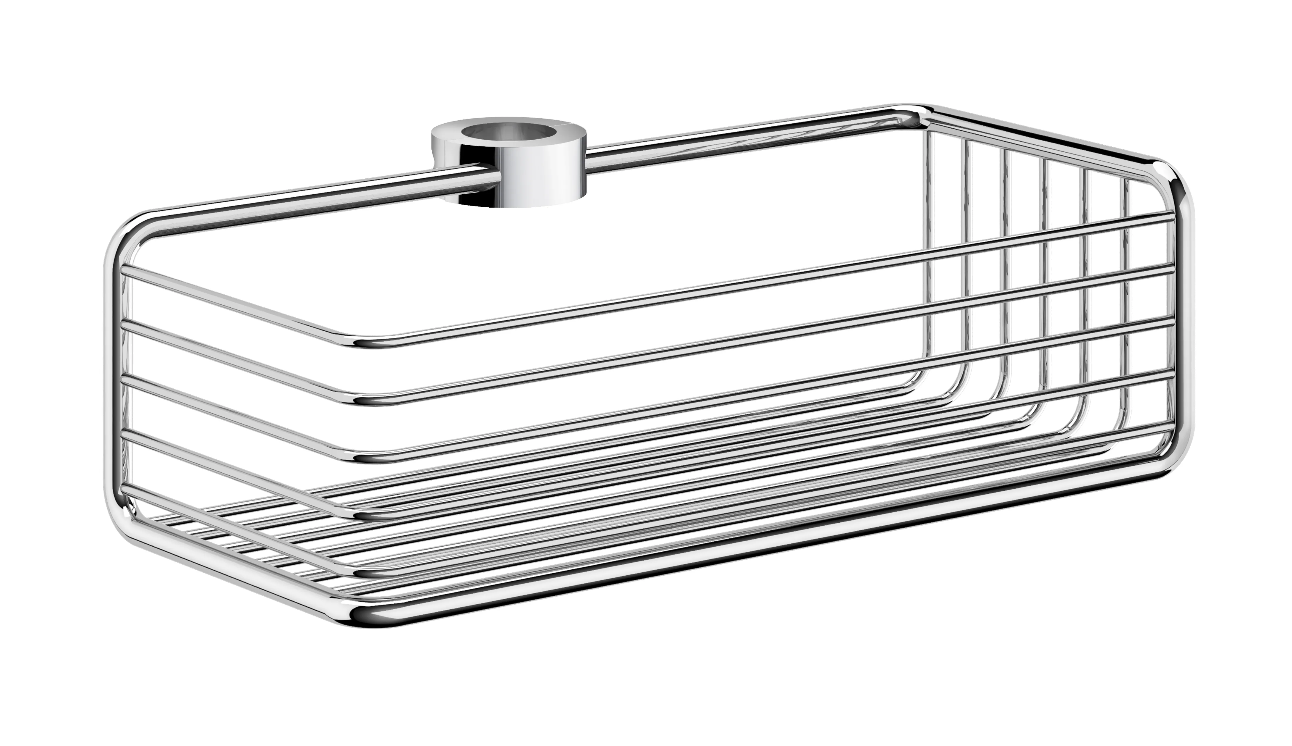 Duschkorg av kromat metall med en rund hållare ovanpå för montering.