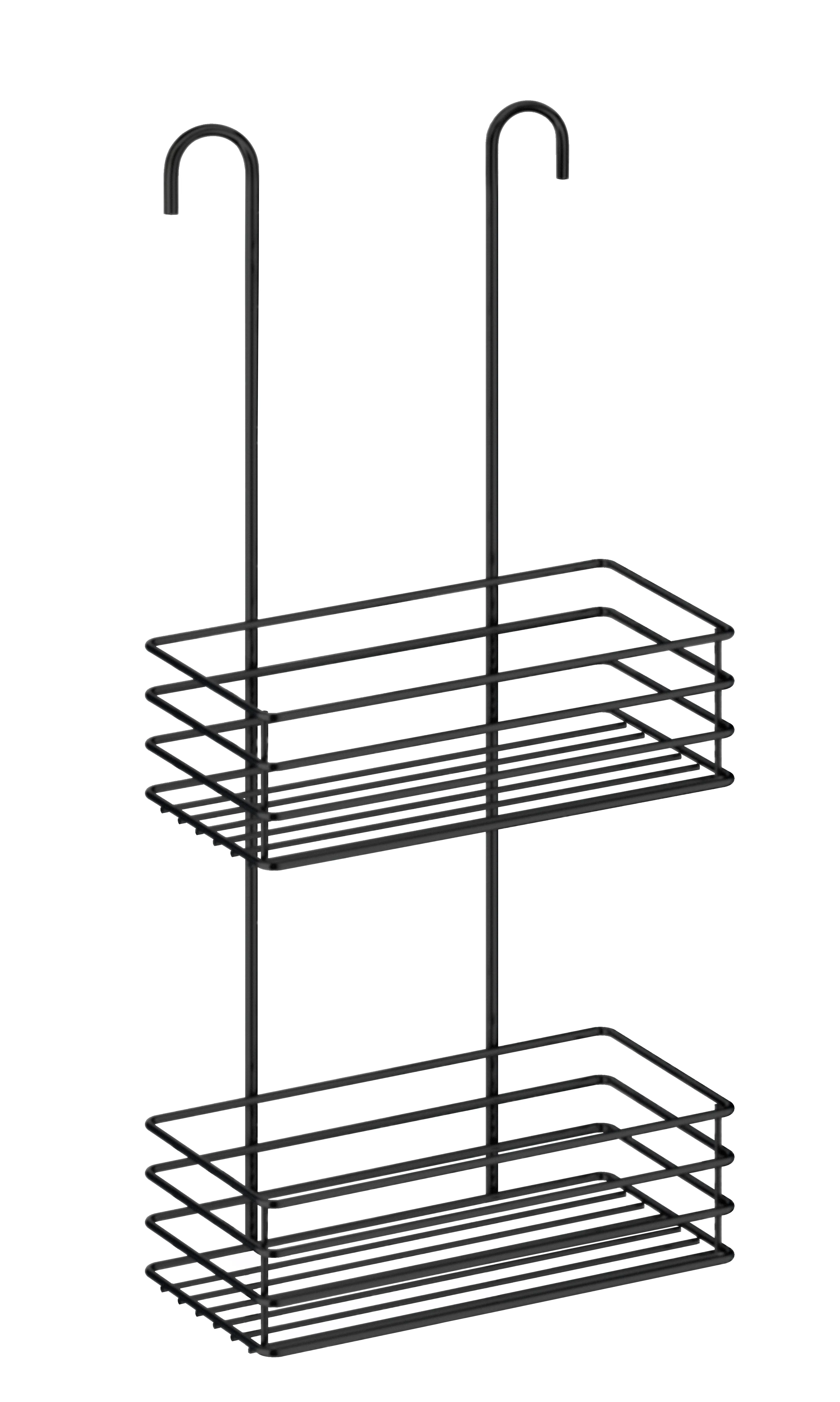 Duschkorg med två plan i matt svart finish, designad för att hängas över en duschblandare.