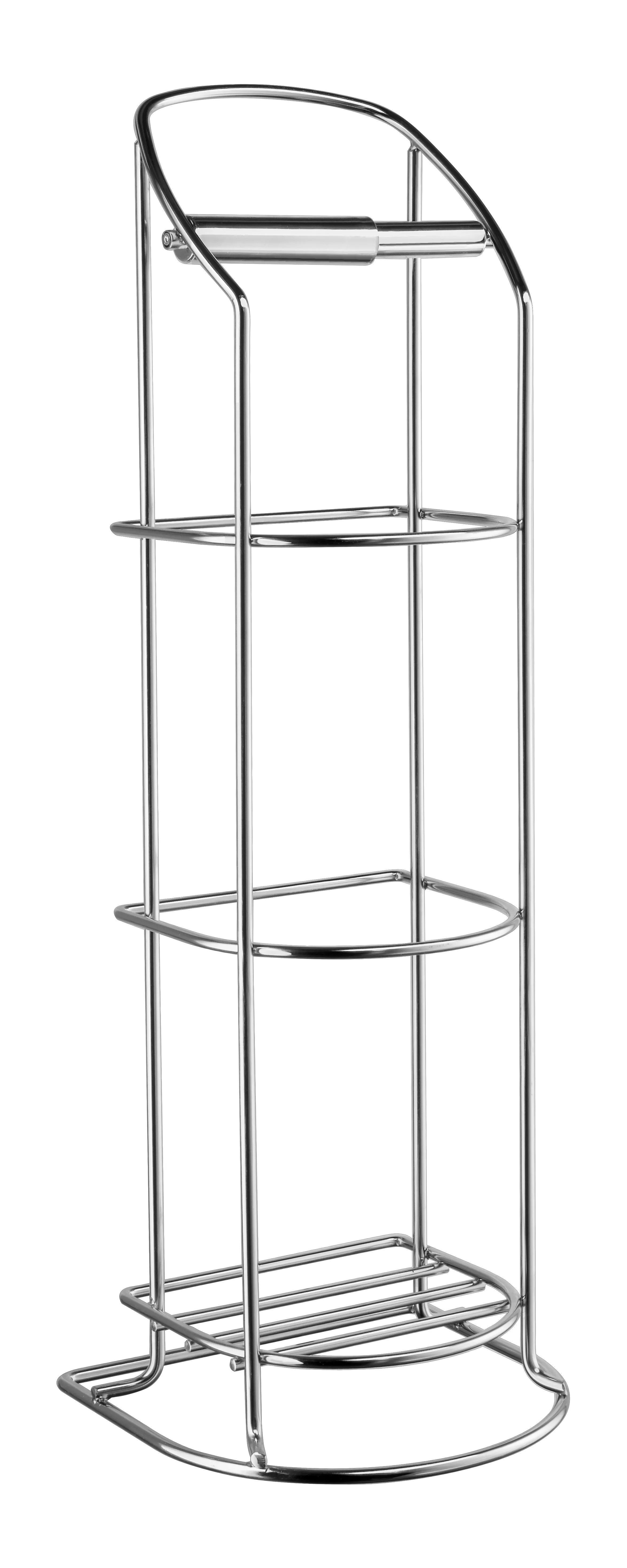 Fristående toalett- och reservpappershållare i krom. Har plats för flera rullar och stående design med en smal, öppen konstruktion.