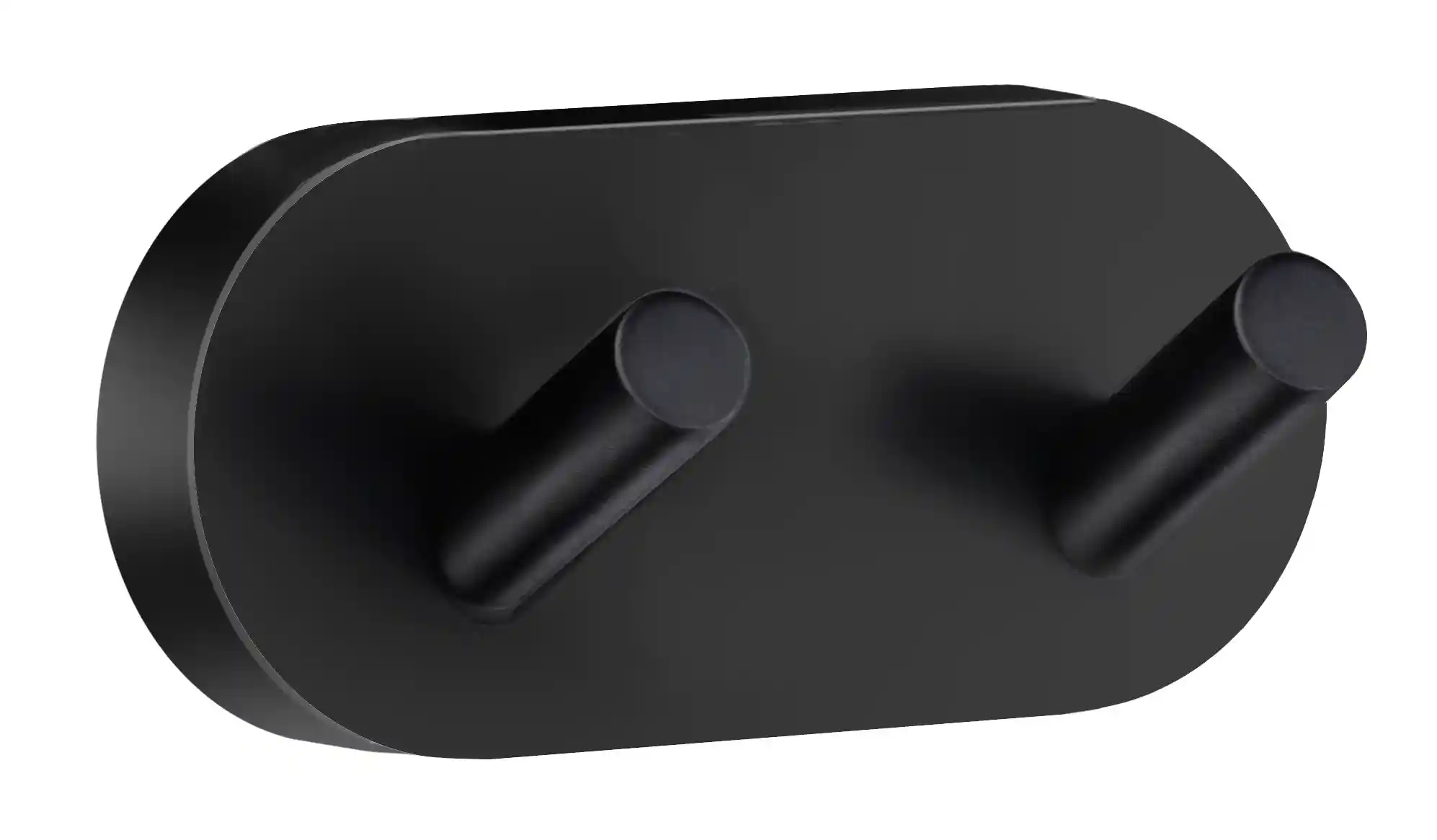 Svart, oval dubbelkrok med två cylindriska utstickare på framsidan.