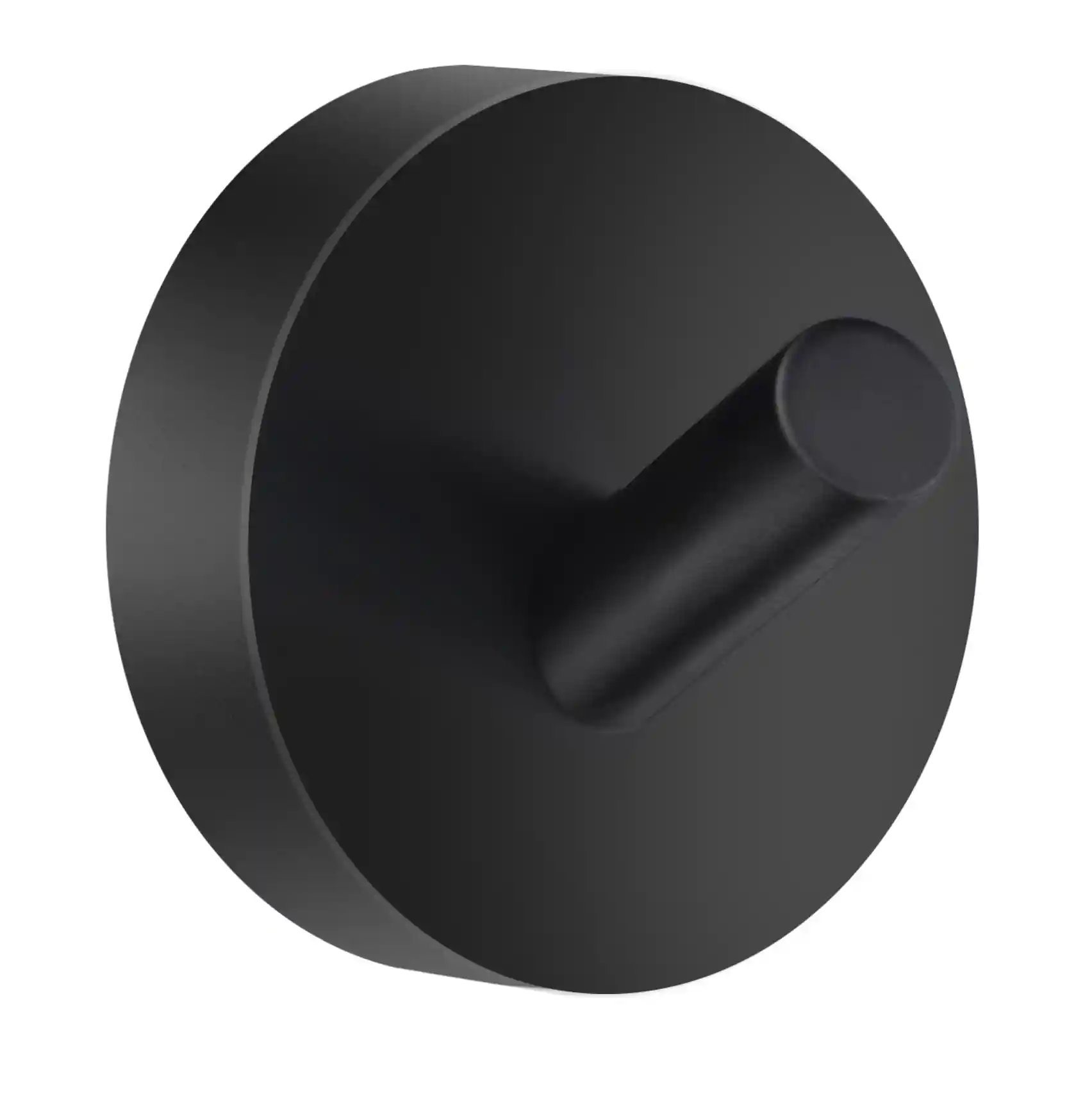 Svart rund väggkrok med cylindrisk knapp på en slät bakgrund.