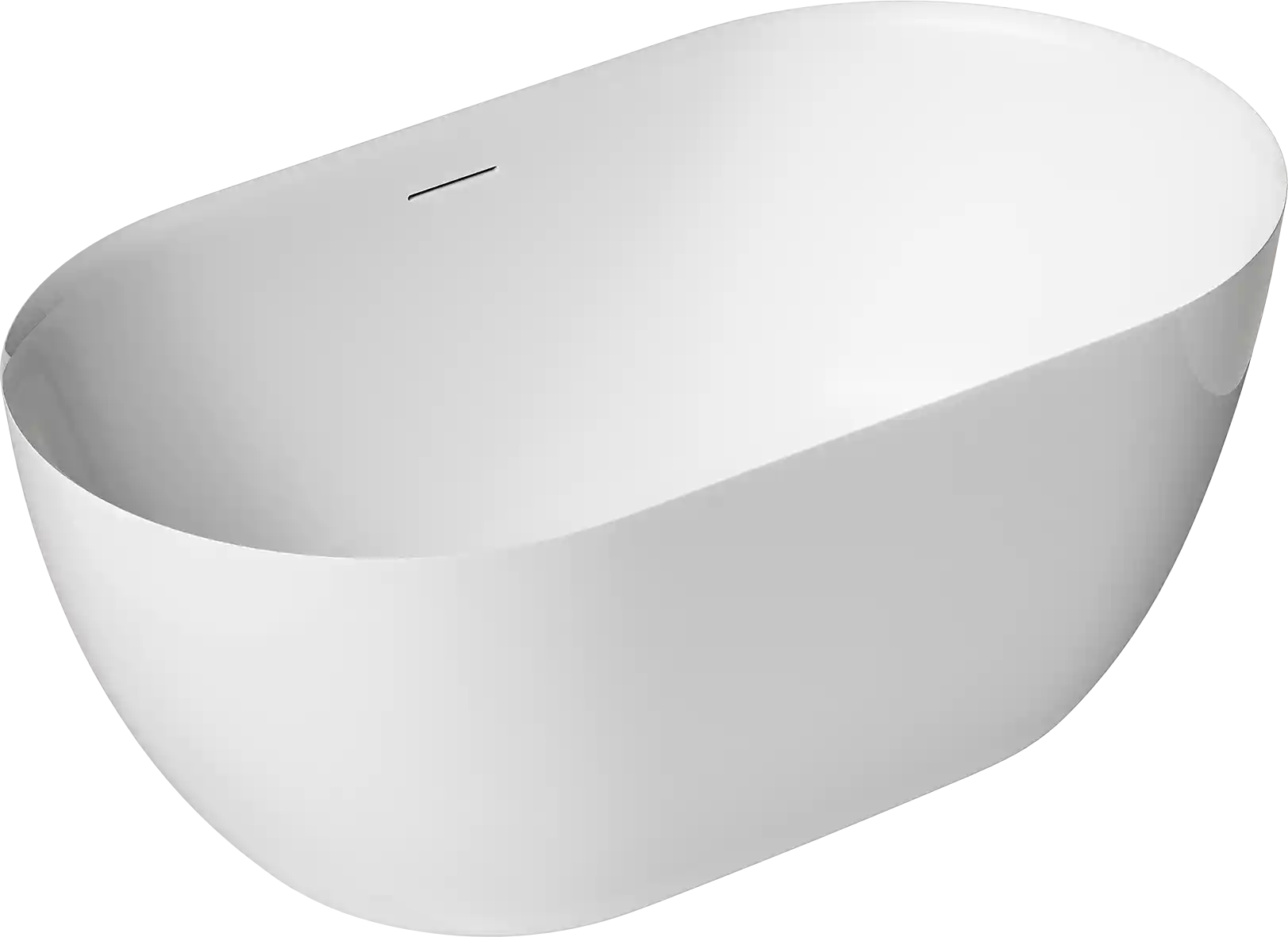 Vit fristående badkar med oval form och integrerat bräddavlopp.