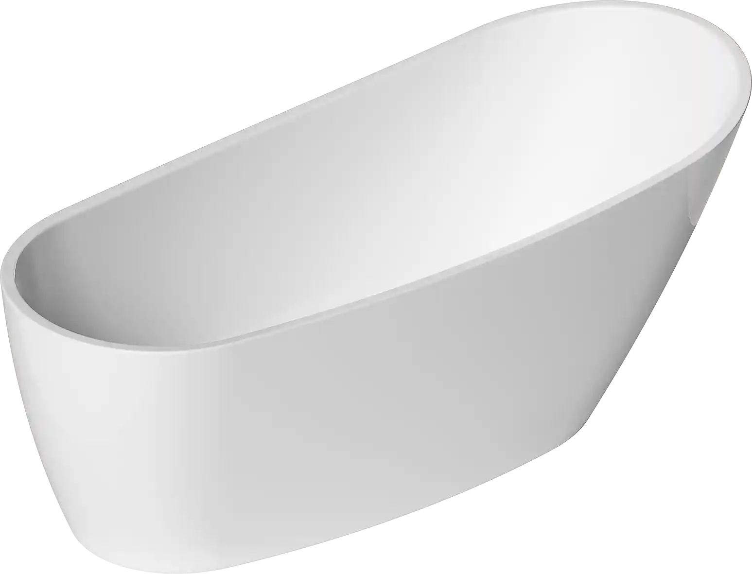 Fristående, vitt akrylbadkar med släta ytor och oval form.